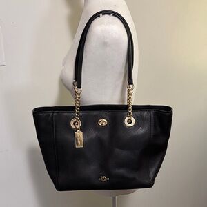 Coach Black Pebbled Leather Tote with Gold Chain Accents